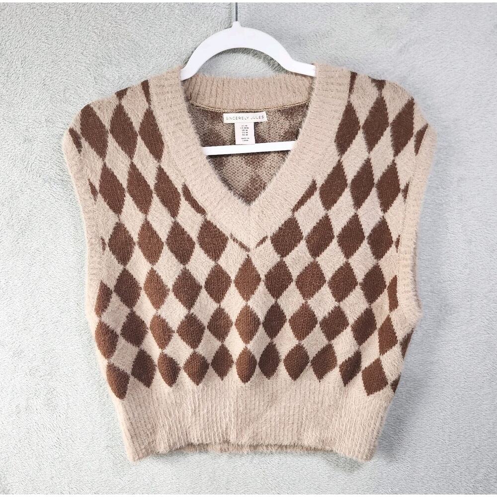 SINCERELY JULES Sweater Vest Argyle V-Neck Cropped Sweater Womes Size Medium